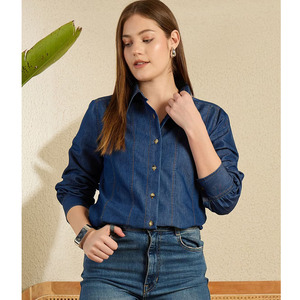 New Vintage Women's Denim Blouse Long Sleeve Single Breasted Casual <b>Top</b> Turn Collar Pockets Plus Size for Autumn Winter - Product Image 6