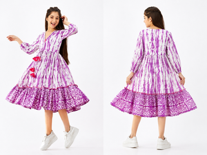 Robe en coton tie-dye bohème pour femme, élégante, col en V, manches élastiques, coupe fluide, ourlet à volants, robe midi décontractée pour l'été et les occasions festives - Product Image 2
