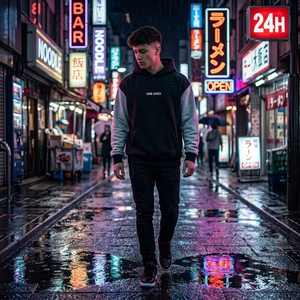 Sweat-shirt à capuche surdimensionné en molleton noir et gris contrastant avec poche kangourou, style streetwear - Product Image 4