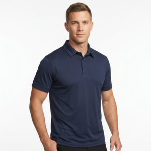 Men's Solid Navy <b>Blue</b> Short Sleeve <b>Polo</b> <b>Shirt</b> Regular Fit Casual Woven Fabric Button Design - Product Image 3