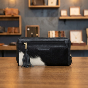 Women's Long Genuine Leather <b>Wallet</b> With Cowhide Print Zipper Closure Tassel Bohemian Style Multifunctional Daily Use - Product Image 2