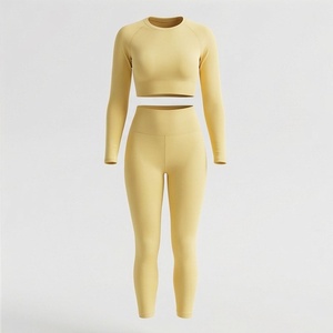 Conjunto de Yoga de 2 Piezas para Mujer, Top Corto Amarillo sin Costuras de Manga Larga y Leggings de Cintura Alta - Product Image 1