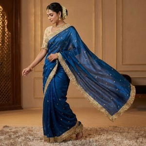 Sari Tradicional de Diseño Indio-Pakistaní, de Seda Banarasi, Suave y con Hermoso Bordado de Lentejuelas y Dori, Ideal para Fiestas - Product Image 6