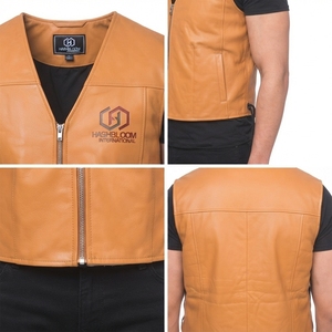Hashbloom International Men's Custom OEM Sleeveless V-<b>Neck</b> Motorcycle Biker Vest Genuine Leather Anti-Wrinkle Zipper Closure - Product Image 4