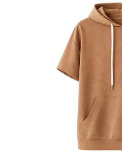 Sweat à capuche marron à manches courtes pour homme, pull décontracté, t-shirt à capuche léger, streetwear d'été, en mélange de coton, avec poches - Product Image 4