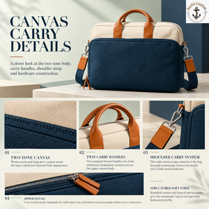 Bolso Mensajero para Portátil de Lona en Dos Tonos |   Bolso Bandolera Color Crema Marino con Asas Dobles, Cierre de Cremallera y Correa Ajustable - Product Image 5