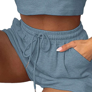 Women 2 Piece Rib <b>Knit</b> <b>Set</b> Sleeveless Crop Top Drawstring Shorts Solid Color Casual Spring Summer Wear - Product Image 4
