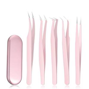 <b>Pink</b> Stainless Steel Eyelash Tweezers <b>Set</b> Precision Tip for Eyelash Extension <b>Tools</b> with Case - Product Image 1