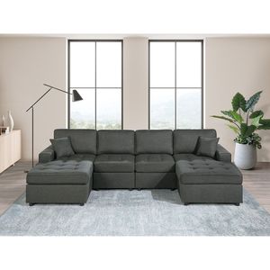 Set Divano Sezionale Tufted in Tessuto Dorris Nero Cenere Stile Contemporaneo Livi LAF RAF LAF con Chaise Longue e Sedie Senza Braccioli con Cuscini - Product Image 1