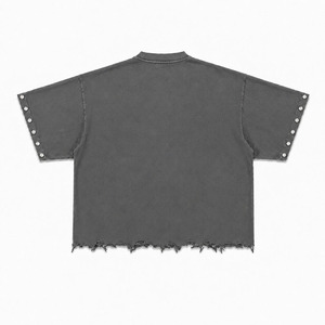 Custom Grey Oversized T-Shirt Men 3D <b>Skull</b> Print Streetwear HipHop with Metal Studs Rivets Distressed Raw Hem Heavyweight Cotton - Product Image 2