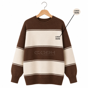 Cosh International Sorority Sisterhood Acrylic Brown Cream Striped Knitted Crew Neck <b>Cardigan</b> Full Sleeve Casual Autumn Wear - Product Image 1