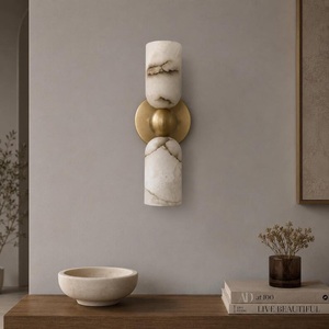 Modern Brass Wall Sconce With Marble Cylinders Geometric Design Indoor Lighting Fixture - Product Image 4