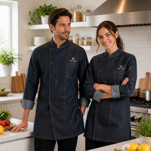 Veste de chef en denim longue moderne personnalisée, vêtements de travail de cuisine, uniforme de cuisinier exécutif extensible - Product Image 1