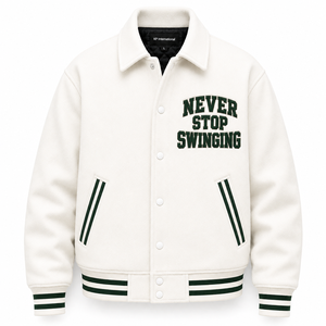 Chaqueta Varsity Blanca de Alta Calidad para Hombre, Bordada con 'Never Stop Swinging', Estilo Preppy, Chaqueta de Béisbol de Algodón para Otoño - Product Image 1