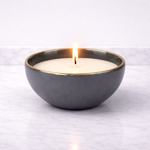 Charcoal Luxe Ceramic <b>Candle</b> Vessel Wide Bowl Gold Rim Smooth Glaze Heat Resistant Durable Reusable Single Wick Decor - Product Image 1