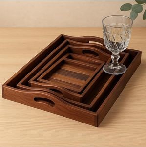 Plateau de service moderne en bois d'acacia fait main avec poignée, design à lattes polies, idéal pour baptêmes, thé, café et services de restauration petit-déjeuner - Product Image 4