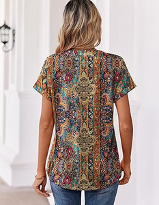 Top bohemio con cuello redondo y manga corta para mujer, estampado con diseño de animales/leopardo/logotipo liso, ropa informal de primavera y verano - Product Image 5