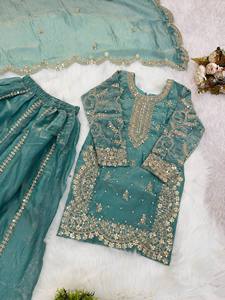 Robe Anarkali Traditionnelle Brodé Bleu Turquoise pour Filles, Coupe Droite Longueur Ras du Sol, Style Indien Pakistanais, Tenue de Mariage - Product Image 3