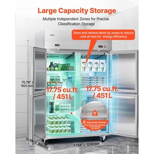 Attrezzatura di Refrigerazione per Cucine Commerciali, Frigorifero/Congelatore Verticale in Acciaio Inox da 48" con 4 Porte, 31 Piedi Cubi, Sbrinamento Automatico - Product Image 4