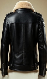Chaqueta bomber de cuero para hombre con forro de piel sintética y cierre de cremallera - Product Image 4