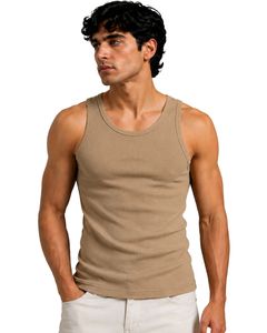 Débardeur côtelé kaki personnalisé pour homme, coupe ajustée, sans manches, en coton, pour la gym, décontracté, d'été, athlétique, sous-vêtement moulant - Product Image 1
