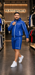 REXFIT SPORTS 2026 Ensemble court personnalisé en nylon bleu roi pour homme, veste coupe-vent à capuche et short, ensemble de vêtements de sport deux pièces, logo personnalisé - Product Image 2