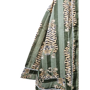 Kimono de algodón con estampado de bloques de tigre verde para mujer, ropa de verano con bolsillos de parche térmico transpirables duraderos, rayas verticales - Product Image 3