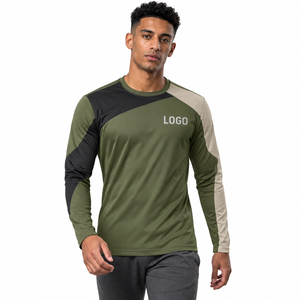 T-shirt d'entraînement pour homme à manches longues, color-block, séchage rapide, en polyester, col rond, coupe classique, décontracté, avec logo frontal - Product Image 1