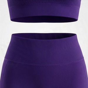 Ensemble sportif deux pièces côtelé pour femme : crop top sans manches et short taille haute, couleur unie, longueur au-dessus du genou - Product Image 5