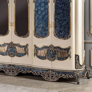Armoire Classique Royale Européenne Antique avec Porte Miroir, Ivoire Bleu, Acajou, Sculptures Dorées, Meuble de Luxe en Bois Massif pour Chambre d'Hôtel - Product Image 4