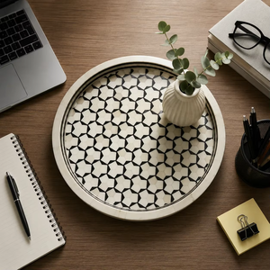Luxury Handmade Round Bone Inlay Serving Tray Black White Geometric <b>Mosaic</b> Decorative Coffee <b>Table</b> Ottoman Tray Wooden Breakfast - Product Image 3