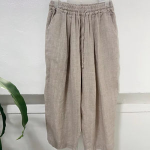[BFM_Zena crew] Pantalon à jambes larges 100 % lin pour femme, taille élastique - Product Image 1