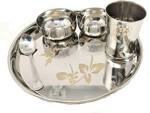 Ensemble de thali en acier inoxydable de qualité supérieure avec design floral gravé, assiette à dîner, bols, verre et cuillère pour usage domestique - Product Image 6