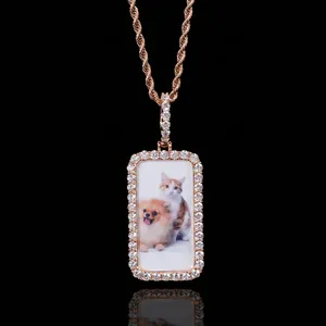 Pendentif Dog Tag personnalisé avec photo, plaqué or 14 carats, serti de diamants de laboratoire taille brillant ronds, style Hip Hop, certifié IGI - Product Image 3