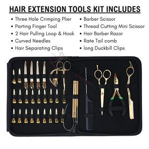 Hair Extension Installation Tools Kit Pulling Loop Hook Threader Parting <b>Clips</b> Three Hole Crimping Pliers Hair Razor Scissors - Product Image 2