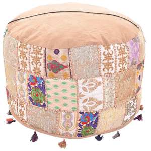 Pouf circulaire bohème artisanal en tissu, design patchwork décoratif, emballage individuel - Product Image 5