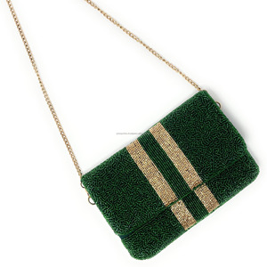 Luxury Handmade <b>Green</b> Beaded Foldable Clutch Bag Gold Stripes Magnetic Closure Designer Women's Evening Crossbody <b>Purse</b> Chain - Product Image 2
