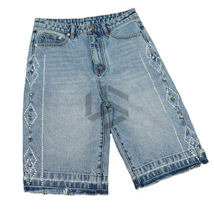 Shorts en jean personnalisés délavés à l'acide, 100 % coton non tissé, écologiques, à taille élastique, pour hommes et femmes, style streetwear décontracté, vente en gros - Product Image 1