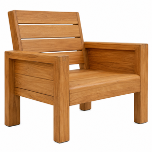 Chaise de jardin moderne en teck massif, imperméable et confortable, avec dossier à lattes horizontales larges, intégrée au mobilier de salon carré - Product Image 1