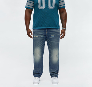 Jean pour homme, style américain, délavé, tendance, coupe droite ample, jambe large, taille élastique, pantalon long - Product Image 1