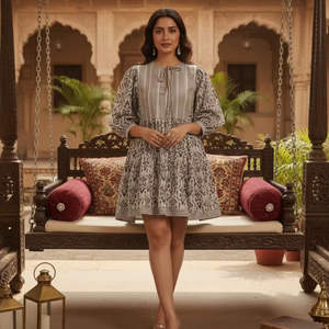 Tunique d'été mi-longue en coton à imprimé floral noir et blanc pour femme, style ethnique bohème, robe artisanale indienne, mode festive et éco-responsable - Product Image 4