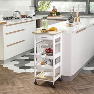 Carrello da Cucina Bianco Antico/Moderno con Cassetti, Ripiani e Cesto, Costruzione in Legno Massello - Product Image 2
