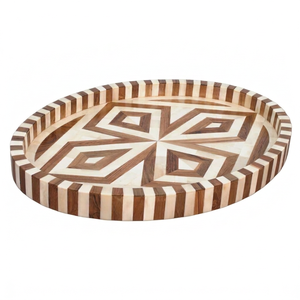 Handmade Round <b>Wooden</b> <b>Serving</b> <b>Tray</b> With Geometric Inlay Pattern Handmade Decorative Platter For Party Tableware - Product Image 1