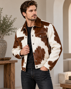 Veste en cuir de vachette à patchwork marron et blanc pour homme, col rabattu, boutons, veste décontractée - Product Image 5