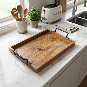 Bandeja de Servir de Madera en Oferta, con Asas de Metal Negro Mate, Bandeja Rectangular Grande Decorativa para Otomanas, Bandejas Ecológicas para Alimentos - Product Image 6
