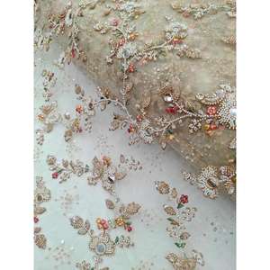Tela de malla con bordado floral de cuentas de diseñador, tela de malla de lujo para vestido de novia, lehenga, material para vestido de boda - Product Image 2