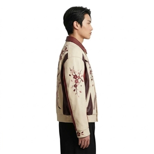 Men's <b>Chinese</b> Style Bomber <b>Jacket</b> With Hand Embroidered Floral Pattern Turn-down Collar Zipper Closure Autumn Wear - Product Image 3