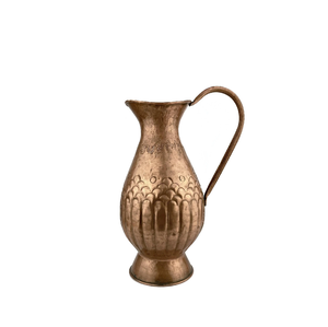 Ornate floral carved <b>copper</b> water pitcher with brass <b>handles</b>, available at wholesale prices and made in India. - Product Image 2