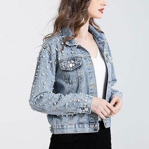 Veste en jean courte pour femme ornée de perles et de strass, élégante, tendance et décontractée - Product Image 6