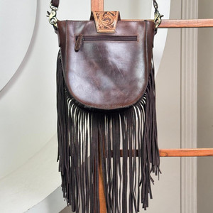 Women's Cowhide Leather Fringe Crossbody Bags Hand Tooled Flap Card Slots Zippered Pockets Adjustable Strap Shoulder Handbags - Product Image 5